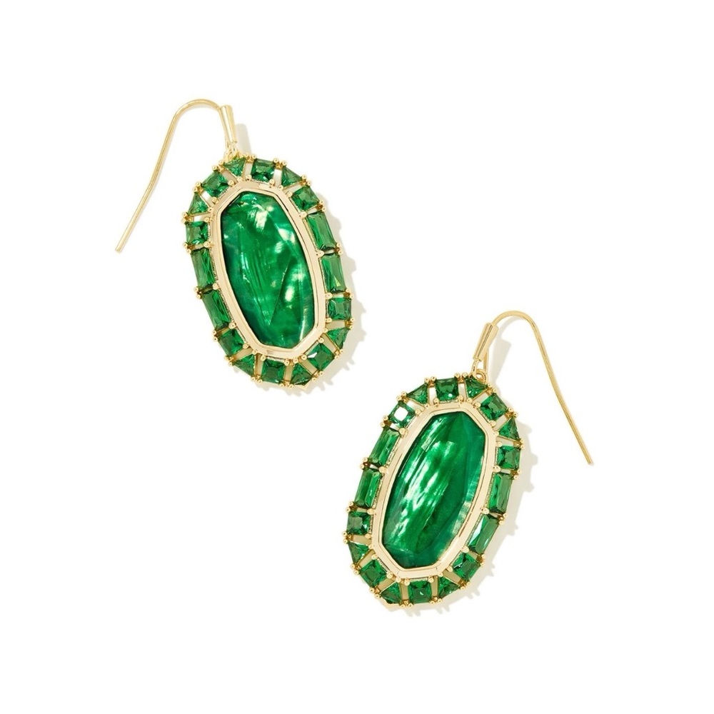 NWT Kendra Scott Elle Gold Crystal Framed Drop Earrings in Kelly Green Illusion